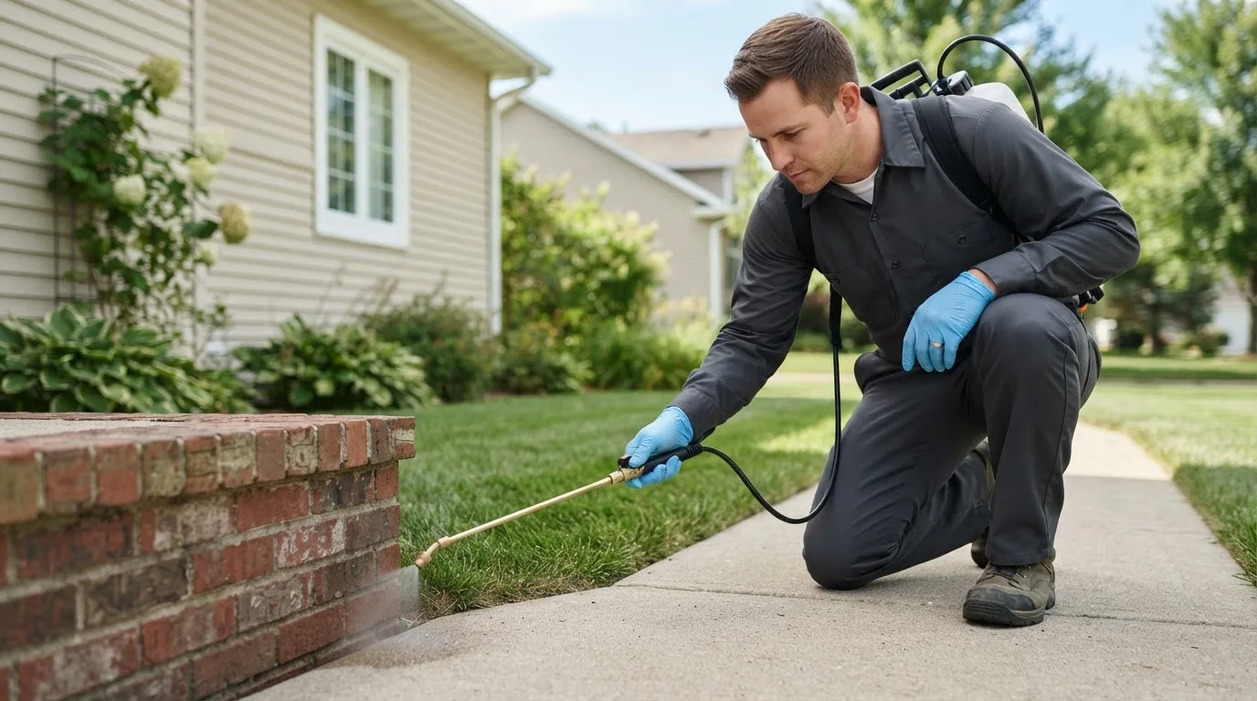 Pest control technician treating a home near Yorktown, TX